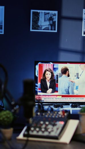 Zoom out shot of audio equipment used for podcasts, vlogging and livestreams on vlog channel. Professional microphone, analog mixer and headphones in studio used for recording sounds